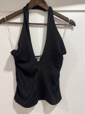 NEVER WORN - Black Ribbed Deep V Halter Tank Top